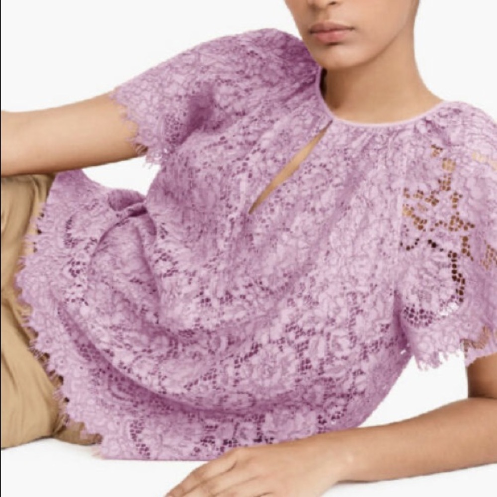 J Crew short sleeve keyhole floral lace lilac dainty fairy preppy blouse sz ST